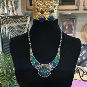 Silver-Tone Blue and Green Enamel Statement Necklace
